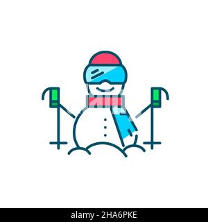 Bonhomme de neige portant des lunettes, un casque et une écharpe et tenant des bâtons de ski.Vacances d'hiver.Pixel Perfect, icône colorée de contour modifiable Illustration de Vecteur