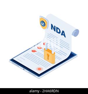 Document NDA Isométrique plat 3D avec écran et verrou sur tablette numérique.Concept de contrat de non-divulgation. Illustration de Vecteur