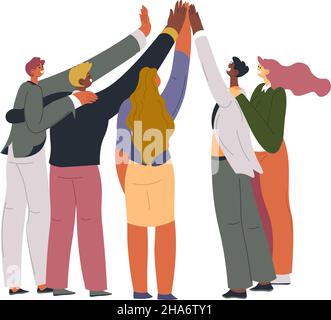 Des gens joyeux, des collègues, des employeurs ou des étudiants qui donnent des cinq hauts et célèbrent.Coopération et soutien, réalisation d'objectifs communs et liaison. Illustration de Vecteur
