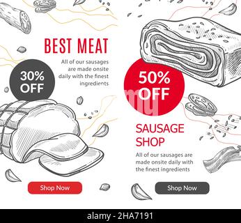 Boutique en ligne ou magasin avec des produits à base de viande et les meilleures saucisses.Vente et remises pour les clients, 30 et 50 pour cent de réduction sur le prix.Modèle de site Web ou de page d'arrivée Illustration de Vecteur