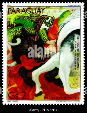 MOSCOU, RUSSIE - 4 NOVEMBRE 2021: Timbre-poste imprimé au Paraguay montre Bullfighter, série Pablo Picasso, vers 1981 Banque D'Images