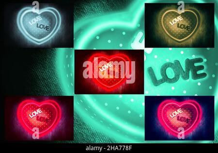 Collage de photos avec cadre central en forme de cœur et deux textes « LOVE » avec double cœur magique fluo ou lignes de lumière fluorescentes sur fond sombre f Banque D'Images