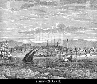 Illustration de Varna, la troisième plus grande ville de la région du nord de la Bulgarie, à la fin du siècle 19th, sur la côte bulgare de la mer Noire dans le golfe de Varna.Pendant la fin de la domination ottomane, les Britanniques et les Français faisant campagne contre la Russie pendant la guerre de Crimée (1854-1856) ont utilisé Varna comme quartier général et base navale principale; de nombreux soldats sont morts du choléra et la ville a été dévastée par un incendie; plus tard, pour devenir le principal port d'exportation du pays. Banque D'Images