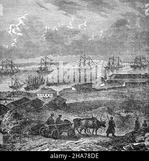 Illustration de la fin du siècle 19th de Sébastopol, la plus grande ville de Crimée et un port majeur sur la mer Noire.En raison de son emplacement stratégique et de la facilité de navigation des ports de la ville, Sébastopol en Ukraine a été un port et une base navale importants tout au long de son histoire.Depuis la fondation de la ville en 1783, elle a été une base importante pour la flotte russe de la mer Noire. Banque D'Images