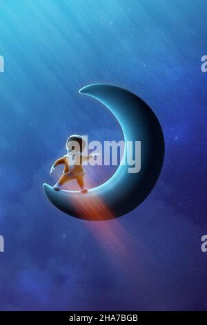 Un spaceman de dessin animé dansant sur le croissant de lune.Toon espace voyage, explorer, enfants caractères. Banque D'Images
