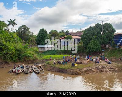 Amazone, Pérou - Mai 2016 : petit village sur la rive de l'Amazone. Amazonie. Amérique du Sud. Banque D'Images