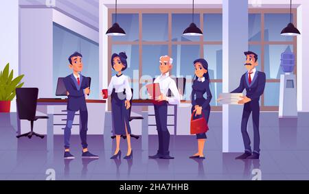 Vecteur de personnages de dessin animé d'un groupe de gens d'affaires dans un intérieur de bureau moderne Illustration de Vecteur