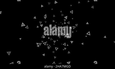 Ensemble abstrait de nombreux triangles néons blancs flottant dans un environnement abstrait sur un noir.Espace abstrait généré par ordinateur. Banque D'Images