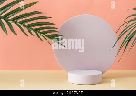 Présentation artistique de fond avec un podium blanc rond et blanc pastel assiette mauve entre les feuilles vertes comme concept pour la sérénité ou vacati Banque D'Images