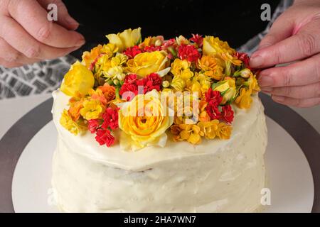 Gros plan de fleurs jaunes décorant un gâteau à la vanille recouvert de ganache au chocolat blanc. Banque D'Images
