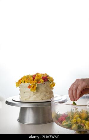 Photo clé, gâteau à la vanille décoré de fleurs jaunes par le confiseur. Banque D'Images