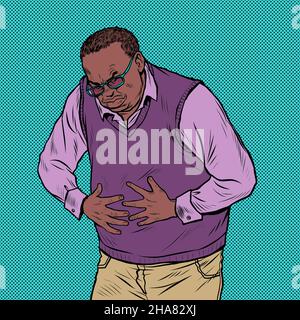 africain homme âgé douleur abdominale, maladies de l'estomac, intestins ou autres organes internes Illustration de Vecteur