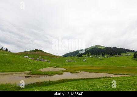 Situé dans la province de Giresun, Gölyanı Plateau a un lac offrant une vue authentique avec ses maisons en bois. Banque D'Images