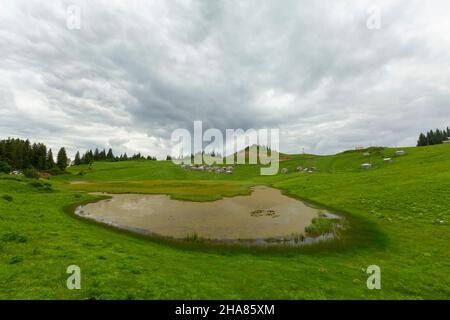 Situé dans la province de Giresun, Gölyanı Plateau a un lac offrant une vue authentique avec ses maisons en bois. Banque D'Images