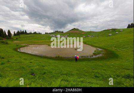 Situé dans la province de Giresun, Gölyanı Plateau a un lac offrant une vue authentique avec ses maisons en bois. Banque D'Images