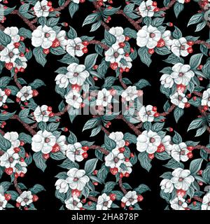 Motif sans couture avec fleurs roses et blanches pomme et pêche. Banque D'Images