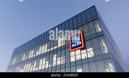 Essen, Allemagne.18 octobre 2021.Usage éditorial seulement, 3D CGI.Aldi signalisation logo Haut bâtiment en verre.Lieu de travail des chaînes de supermarchés allemandes à prix réduit Co Banque D'Images