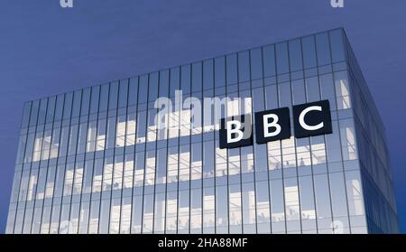 Londres, Royaume-Uni.31 octobre 2021, usage éditorial seulement, 3D CGI.BBC British Broadcasting Corporation est un réseau de télévision multinational.Plan de travail Banque D'Images