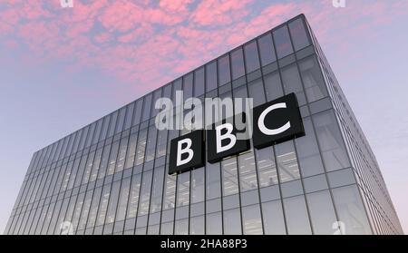 Londres, Royaume-Uni.31 octobre 2021, usage éditorial seulement, 3D CGI.BBC British Broadcasting Corporation est un réseau de télévision multinational.Plan de travail Banque D'Images