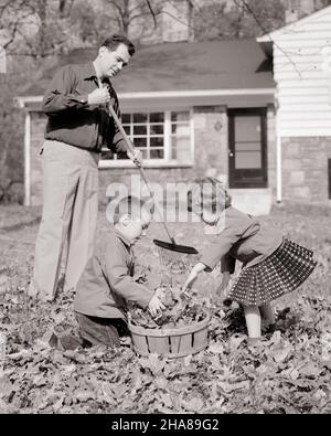 1950S FILS DE GARÇON ET FILLE AIDANT L'HOMME PÈRE DAD NETTOYER LA PROPRIÉTÉ EN METTANT DES FEUILLES RÂTELÉES DANS LE PANIER DE BOISSEAUXCOUR AVANT - J6052 HAR001 HARS SOEUR MISE JUVÉNILE COUR TRAVAIL D'ÉQUIPE ENFANTS FAMILLES MODE DE VIE FEMMES MAISONS FRÈRES MAISON VIE NATURECOPIER ESPACE AMITIÉ PLEINE LONGUEUR DEMI-LONGUEUR FILLES PERSONNES RÉSIDENTIEL RAKING HOMMES BÂTIMENTS FRÈRES ET SŒURS PÈRES B&W CHORE PROPRIÉTÉ ET DADS EXCITATIONEXTÉRIEUR SAISON D'AUTOMNE PAR DANS LES MAISONS FRÈRE BUSHEL CONNEXION COUR TRAVAIL COOPÉRATION DE RÉSIDENCE CROISSANCE JUVÉNILES ADULTE MOYEN-ADULTE HOMME TOGETHNESS NOIRET DE RACE BLANCHE Banque D'Images