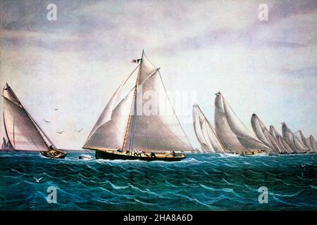 1850S SAILING BOAT REGATTA OF THE NEW YORK YACHT CLUB ARRONDISSANT SW SVIT JUIN 1 1854 CURRIER & IVES LITHOGRAPHIE - KA6520 LAN001 HARS CURRIER HEELING IVES REGATTA VOILES SLOES SW TILLER & 1854 JUNE OLD FASHIED Banque D'Images