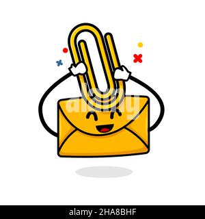 concept de pièce jointe d'e-mail. illustration vectorielle de dessin animé de courrier mignon isolé tenant un trombone Illustration de Vecteur