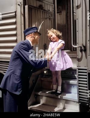 1950S HOMME CHEF D'ORCHESTRE EN UNIFORME SALUTATION MIGNONNE SOURIRE PETITE FILLE PASSAGER EN ROBE ROSE DESCENDANT SUR LES MARCHES DE LA VOITURE DE CHEMIN DE FER- R3485C DEB001 HARS SERVICE PROFESSIONNEL CAP VOYAGE BOW COUPLE NOSTALGIQUE RUBAN ROSE ÉTAPES COULEUR ANCIEN CONDUCTEUR NOSTALGIE VIEUXMODE 1 SALUTATION JUVÉNILE MIGNON EXCITÉE BIENVENUE COMMUNICATION CARRIÈRE SERVIR VACANCES CHEMIN DE FER ASSISTANT FEMMES EMPLOIS SAINTETÉ TRANSPORT DE PASSAGERS COPY ESPACEAMITIÉ DEMI-LONGUEUR FILLES PROFESSION TRANSPORT MOYEN-ÂGE MOYEN-ÂGE HOMME COMPÉTENCE PLATE-FORME PROFESSION BONHEUR COMPÉTENCES AVENTURE SERVICE À LA CLIENTÈLE VOYAGE CARRIÈRES EXCITATION Banque D'Images