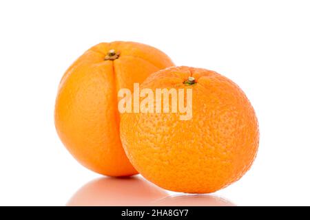 Une orange juteuse et mandarine, en gros plan, isolée sur blanc. Banque D'Images