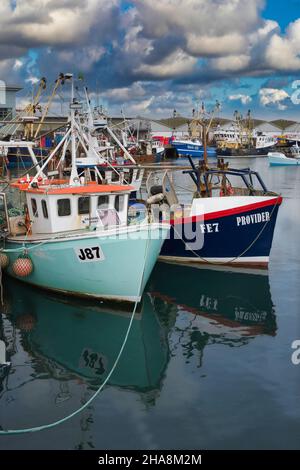 Chalutiers à poutres et bateaux de pêche dans le port de Brixham, Devon.England Banque D'Images