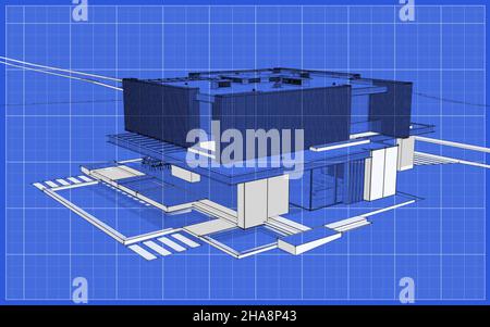 3d réalisation de moderne maison confortable avec parking et piscine à vendre ou à louer avec façade en bois.Esquisse de ligne noire avec point blanc et arrière de plan Banque D'Images