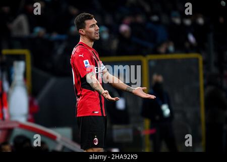 Udine, Italie.11th décembre 2021.Alessio Romagnoli de Milan (Milan) réagit pendant Udinese Calcio vs AC Milan, le football italien série A match à Udine, Italie, décembre 11 2021 crédit: Agence de photo indépendante / Alay Live News Banque D'Images