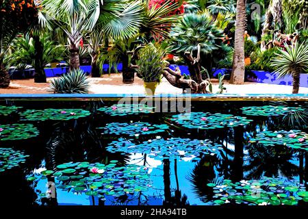 Illustration.Magnifique jardin botanique tropical avec différents types de plantes, palmiers et cactus le jardin Majorelle. Banque D'Images