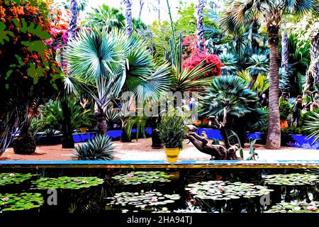 Illustration.Magnifique jardin botanique tropical avec différents types de plantes, palmiers et cactus le jardin Majorelle. Banque D'Images