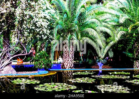 Illustration.Magnifique jardin botanique tropical avec différents types de plantes, palmiers et cactus le jardin Majorelle. Banque D'Images