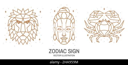 Ensemble de zodiaque astrologie horoscope signe lion, virgo, cancer conception linéaire.Illustration vectorielle.Symbole élégant ou icône de leo, virgo, cancer Illustration de Vecteur