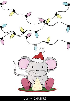 Jolie petite souris avec chapeau de père Noël fête la nouvelle année et mange l'illustration de fromage isolée sur blanc Banque D'Images