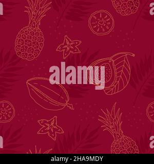 Motif tropical avec fruits et feuilles de palmier.Motif vectoriel sans couture avec feuilles de palmier tropicales et fruits en forme de coolé. Illustration de Vecteur