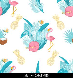 Motif vectoriel sans couture avec flamants roses, feuilles tropicales, noix de coco et ananas sur fond blanc.Imprimé tropical exotique Illustration de Vecteur