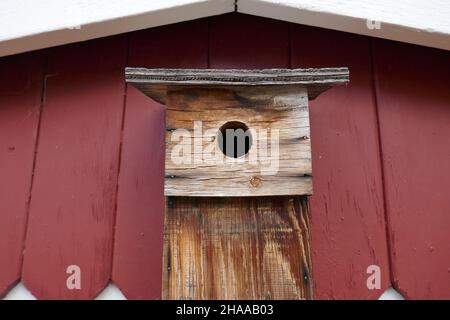 Ancienne maison d'oiseaux en bois patiné sur le côté de la maison en bois de roseaux Banque D'Images