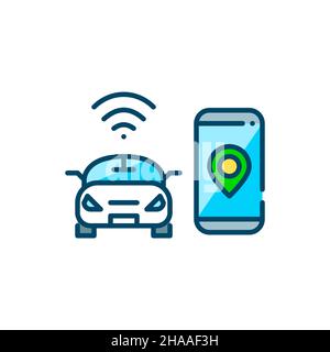 Icône de voiture auto-pilotante intelligente.Smartphone avec pointeur de carte et voiture avec connexion et contrôle sans fil.Pixel Perfect, icône colorée de contour modifiable Illustration de Vecteur