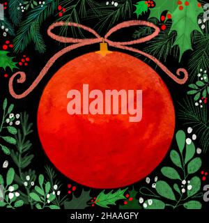 Décoration de Noël et feuilles de houx sur fond noir aquarelle illustration Banque D'Images