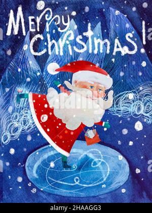 Le Père Noël est en train de patiner sur l'étang de la forêt Banque D'Images