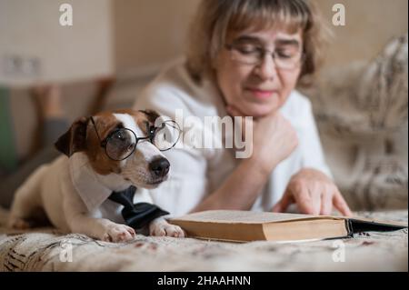 Une femme caucasienne âgée est allongée sur un canapé avec un chien intelligent Jack russell terrier portant des lunettes et une cravate et lisant un livre. Banque D'Images