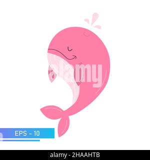 Une baleine rose douce dans des couleurs roses délicates, éclabousse l'eau de lui-même.Fier et doux.Illustration vectorielle. Illustration de Vecteur