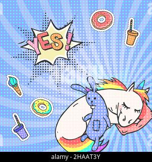 Adorable licorne de sommeil dessinée à la main et bulle de parole avec texte OUI!Arrière-plan vectoriel pop art.Affiche, carte de vœux ou invitation en style comique. Illustration de Vecteur