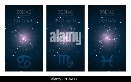 Ensemble de trois cartes avec des signes du zodiaque, constellations astrologiques et symbole géométrique abstrait contre le ciel étoilé.Collecte de l'eau Illustration de Vecteur