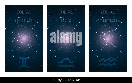 Ensemble de trois cartes avec des signes du zodiaque, constellations astrologiques et symbole géométrique abstrait contre le ciel étoilé.Collecte de l'Air e Illustration de Vecteur