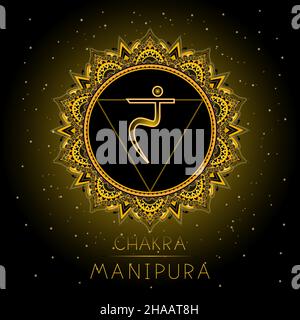 Illustration vectorielle avec symbole Manipura - chakra du plexus solaire sur fond noir.Motif de mandala rond et lettres dessinées à la main.Couleur. Illustration de Vecteur