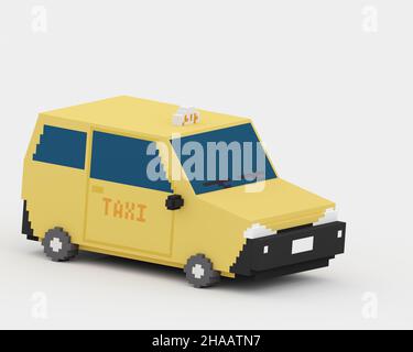 Taxi jaune, un art numérique de voiture de transport public à Taipei, Taiwan isométrique voxel raster 3D illustration rendu sur fond blanc. Banque D'Images