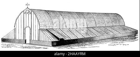 Construction de serre à des fins diverses.On peut utiliser les côtés pour la propagation des plantes, , (, ), Gewächshauskonstruktion für verschiedenartige Zwecke.Seiten können zur Vermehrung der Pflanzen dienen Banque D'Images